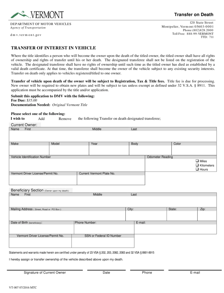 Form VT 007 Download Fillable PDF Or Fill Online Transfer On Death