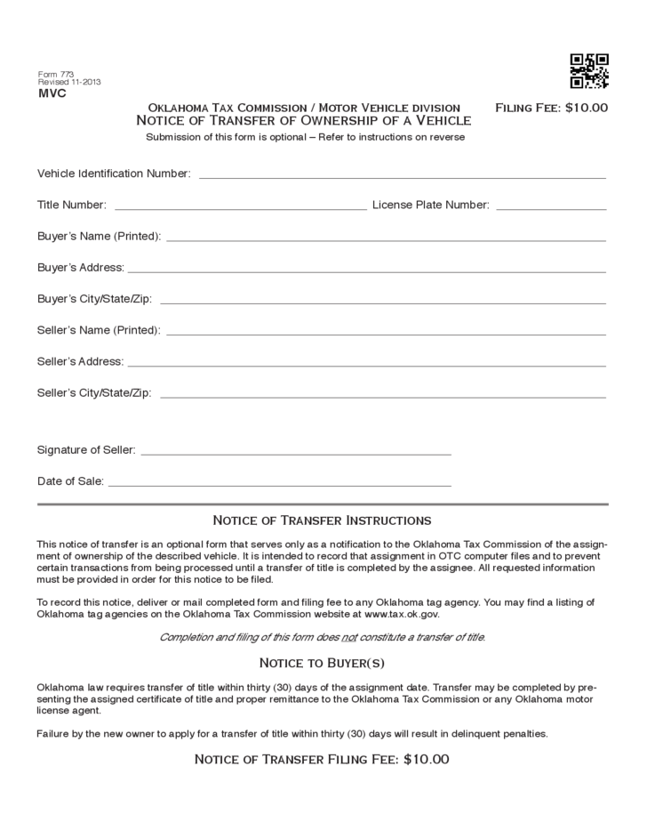 Notice Of Transfer Of Ownership Of A Vehicle Oklahoma Free Download