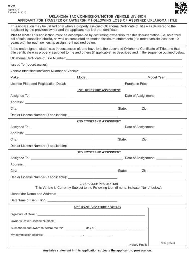 OTC Form 777 Download Fillable PDF Or Fill Online Affidavit For 